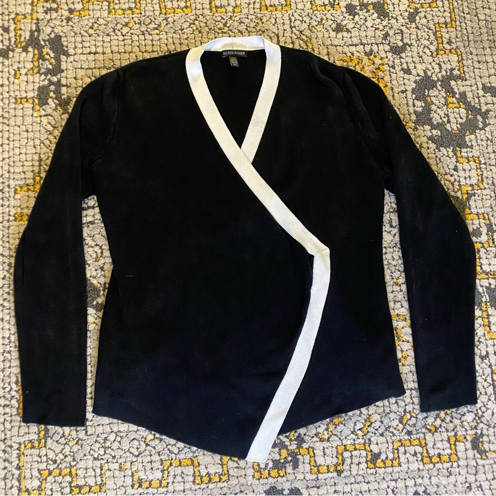 Eileen Fisher Black White Trim Drape Front Tencel Knit Cardigan Sweater Size M